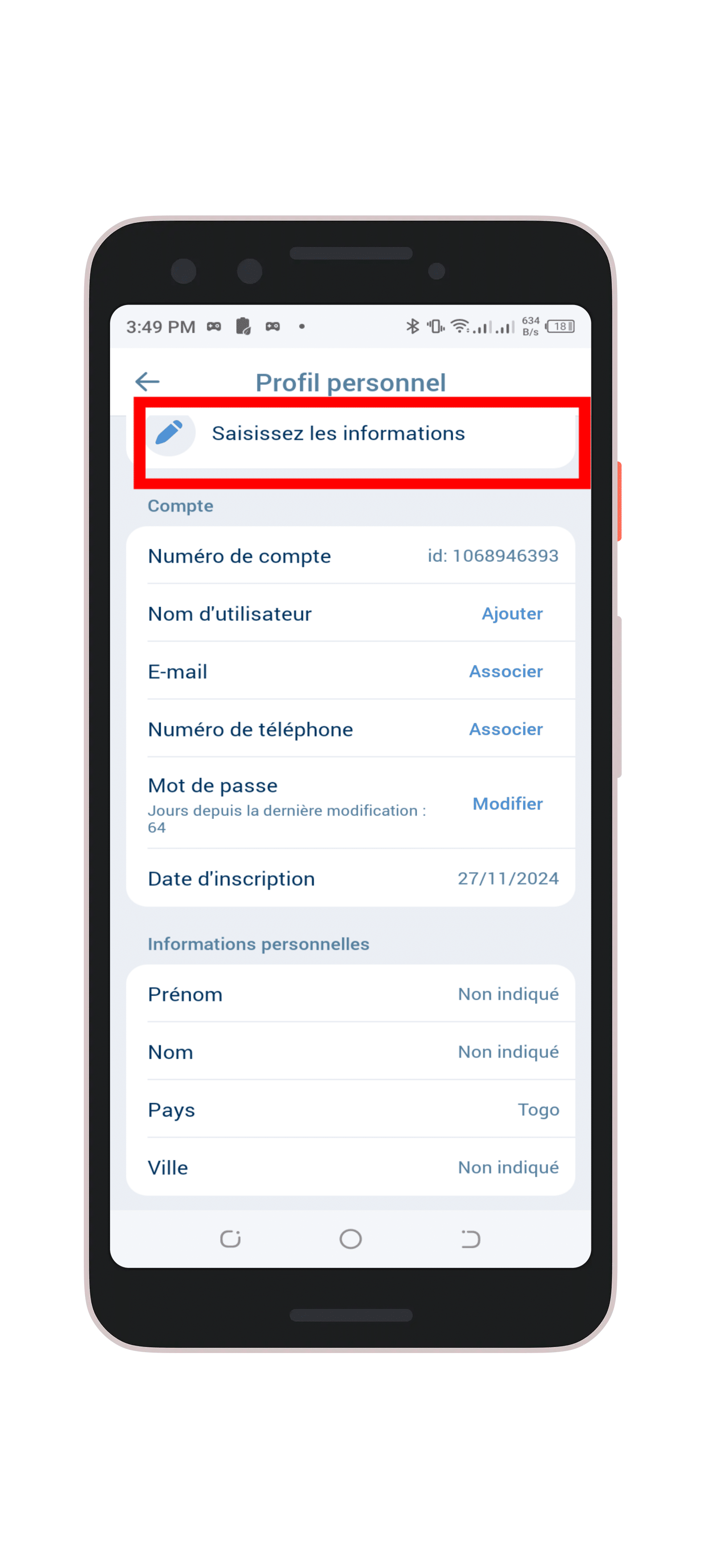 Cliquez sur "Saisissez les informations"
