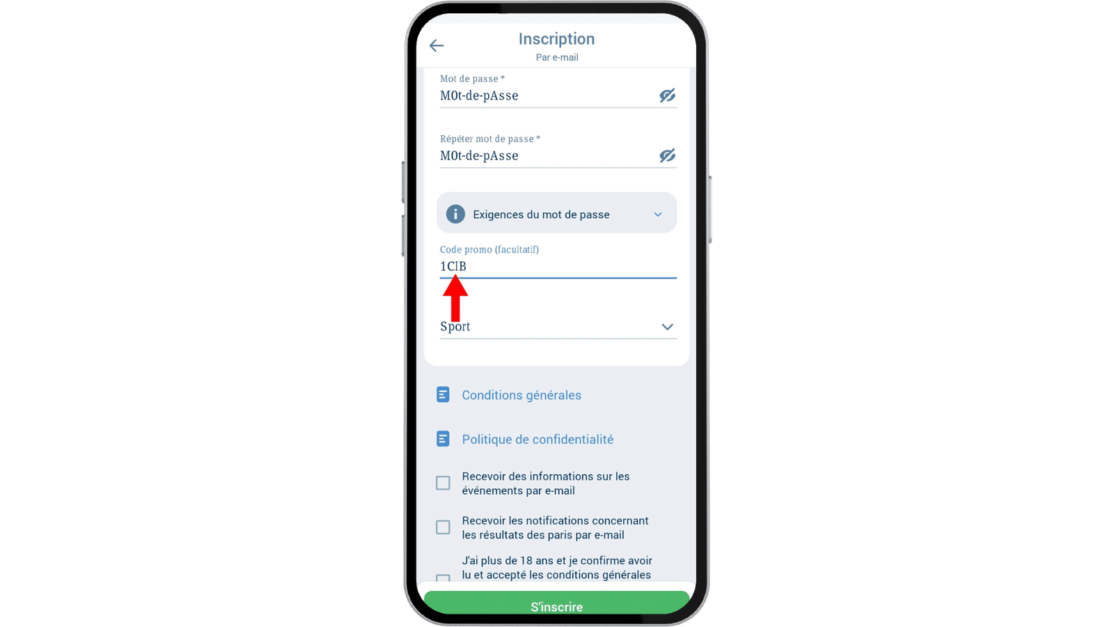 inscription sur dans l’application 1xbet 4