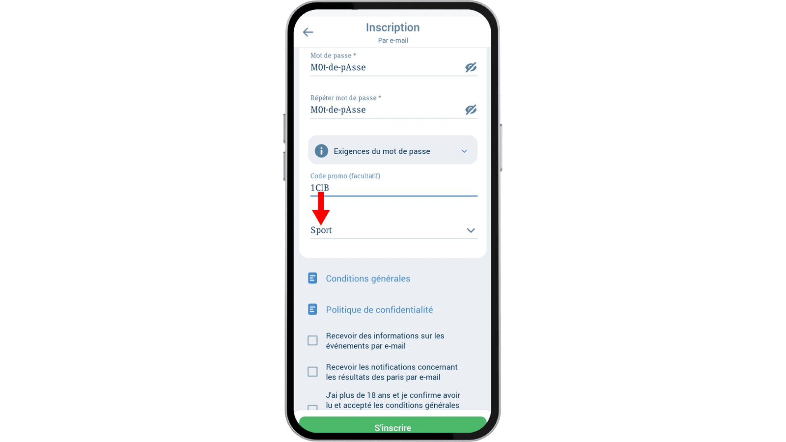 inscription sur dans l’application 1xbet 5